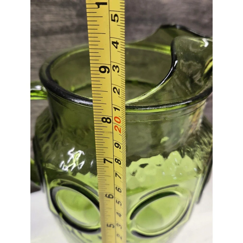 Vintage Avocado Green Glass Pitcher MCM Bullseye‎ Coin Dot Ice Lip 8.5 Inch